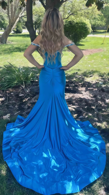 Gorgeous Blue Satin Beaded Evening Dress Mermaid Party Prom Dress cc2264