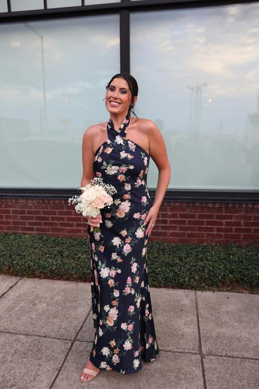 Classy Black Halter Satin Print Long Evening Dress,Formal Prom Party Gown cc2893