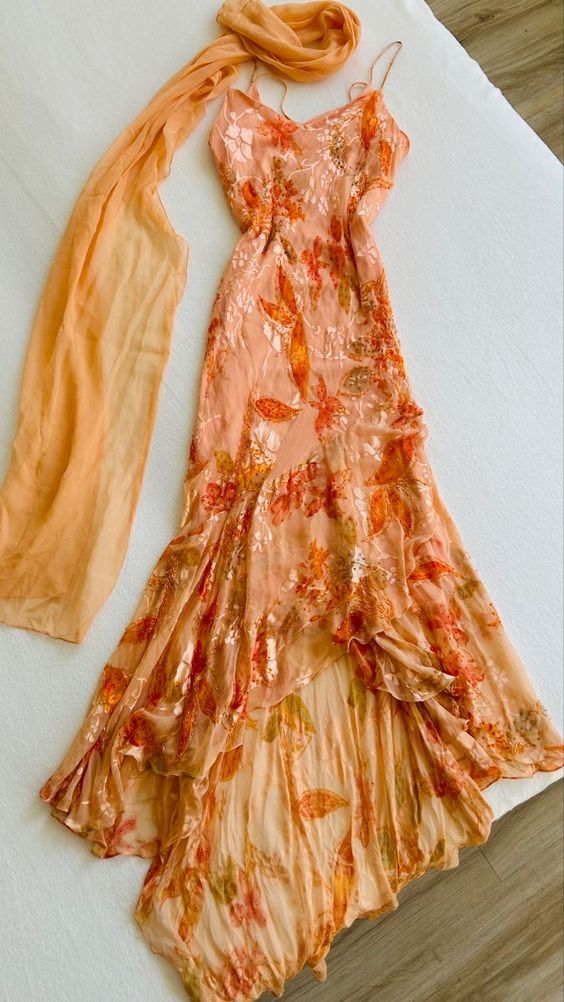 Unique Orange Chiffon Print Floral Beaded Mermaid Prom Dress cc2100