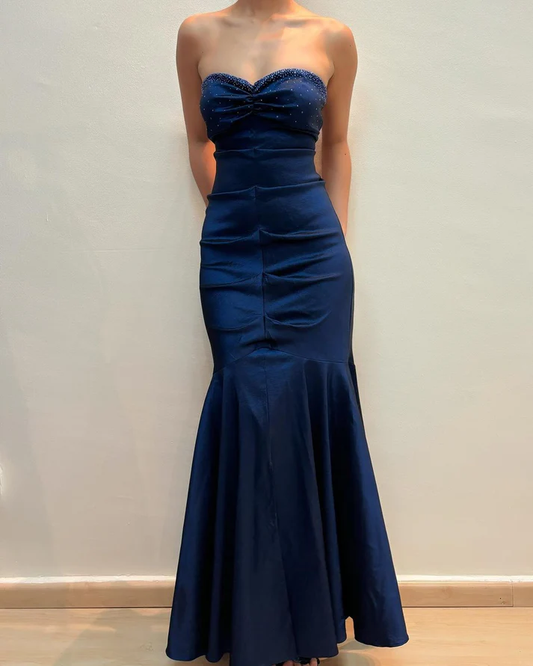Elegant Navy Blue Ruched Mermaid Long Prom Dress Vintage Party Evening Gown cc2282