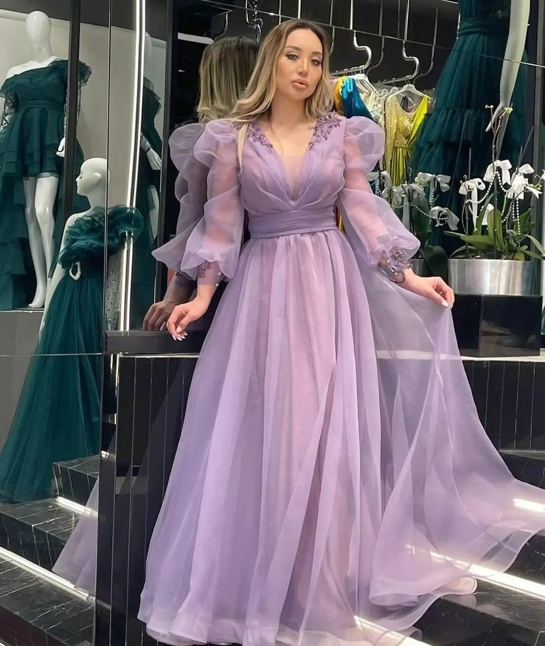 Purple A-line Tulle Beaded Evening Dress With Puff Sleeves cc692