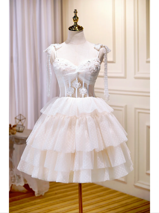 Classy Beige Spaghetti Straps Tulle Layered Short Birthday Outfits A Line Formal Homecoming Dress cc3422