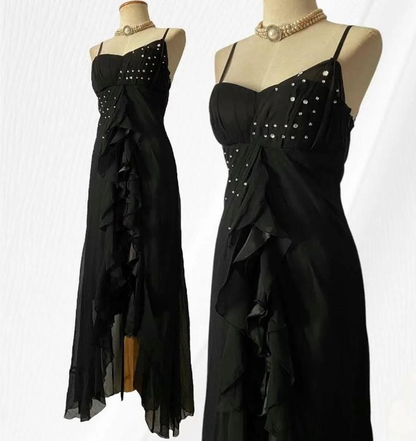Simple Black Spaghetti Strap Mermaid Chiffon Beaded Prom Dress Evening Dress cc3019