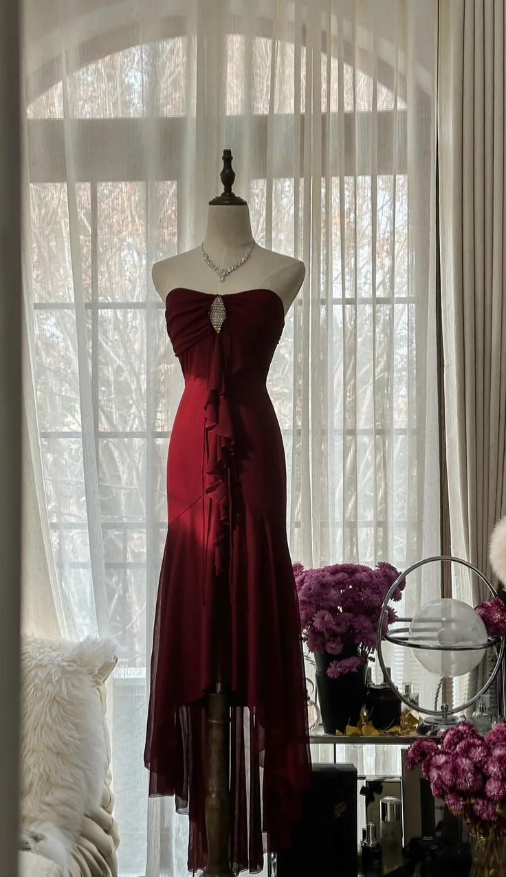 Burgundy Mermaid Chiffon Strapless Prom Dress Graduation Party Dress cc3021