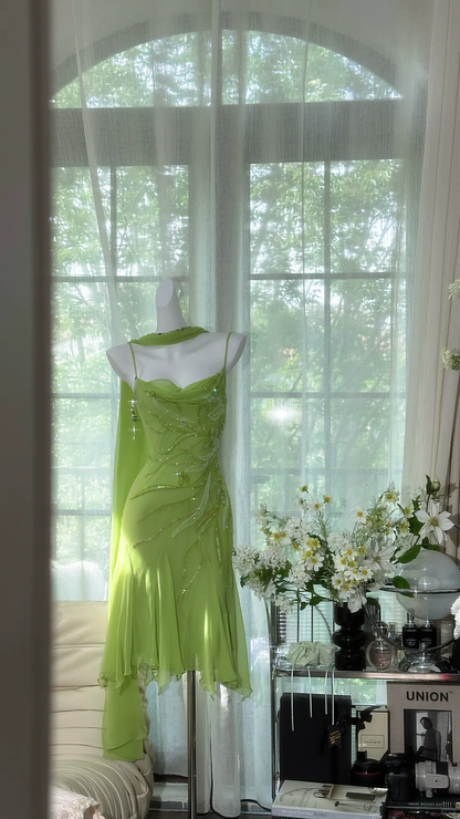 Beautiful Straps Chiffon Sequin Beaded Short Birthday Outfits Green Formal Graduation Homecoming Dress cc3340