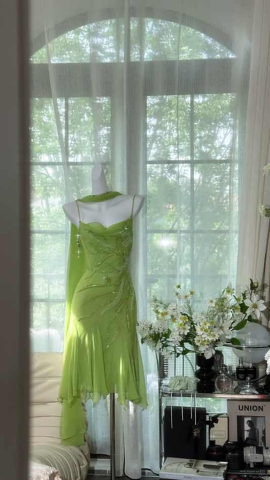 Beautiful Straps Chiffon Sequin Beaded Short Birthday Outfits Green Formal Graduation Homecoming Dress cc3340