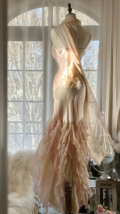 Charming Mermaid Beaded Ruffles Prom Dress,Chiffon Evening Dress cc3007