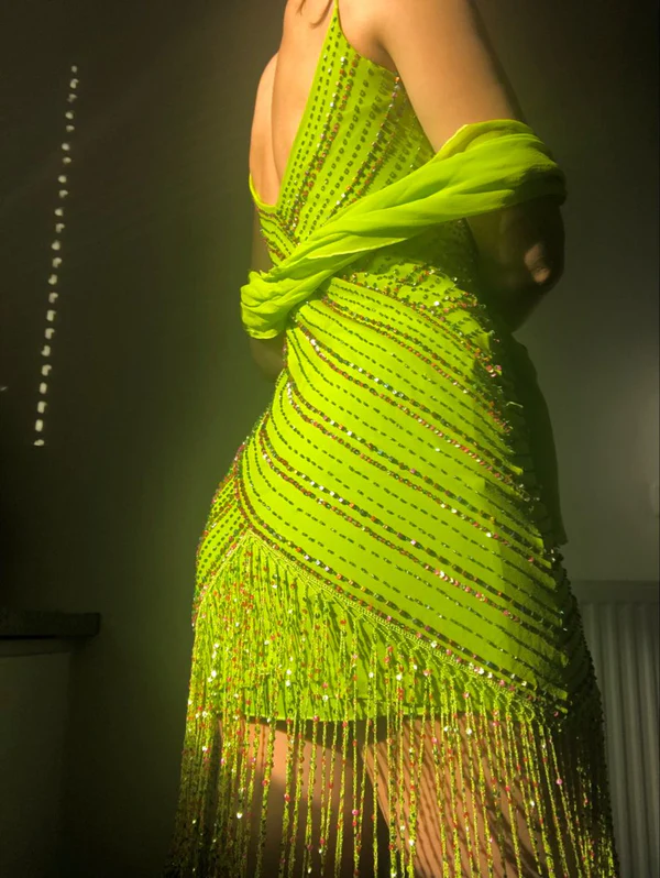 Gorgeous Spaghetti Straps Lemon Green Chiffon Beaded Bodycon Cocktail Dress Formal Homecoming Dress Birthday Outfits cc3459