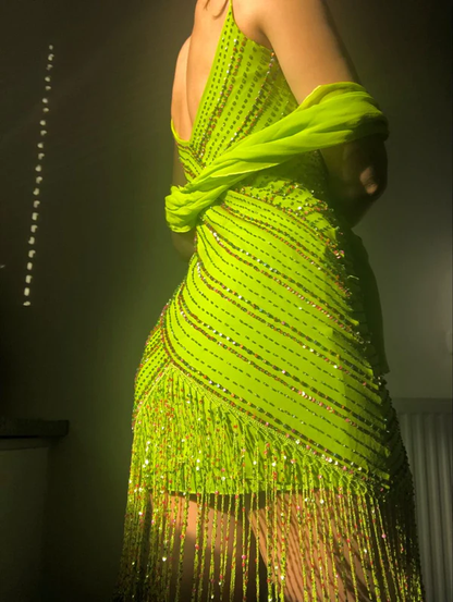 Gorgeous Spaghetti Straps Lemon Green Chiffon Beaded Bodycon Cocktail Dress Formal Homecoming Dress Birthday Outfits cc3459