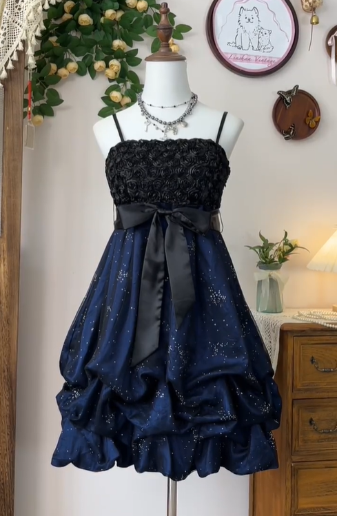 Vintage Spaghetti Straps Rose Flowers Cocktail Dress Navy Blue A Line Homecoming Dress cc3112
