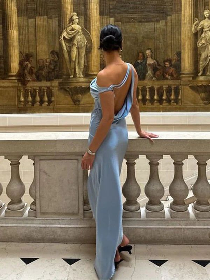 Sexy Blue Backless Evening Dress Long Satin Prom Dress cc2247