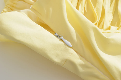 Yellow Ruched Bow Backless Sexy Midi Prom Dress cc669