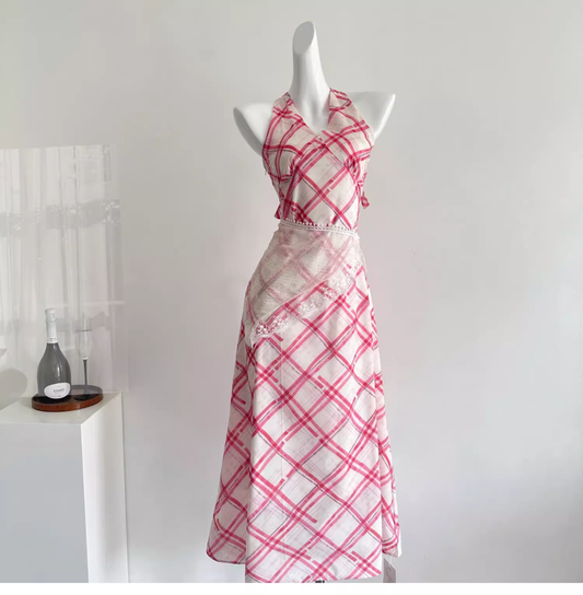 Red White Grid French A Line Vacation Dress Birthday Dress cc3057