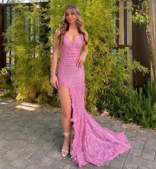 Luxurious Pink Mermaid Slit Lace Appliques Feathers Evening Dress Formal Prom Dress  cc2340