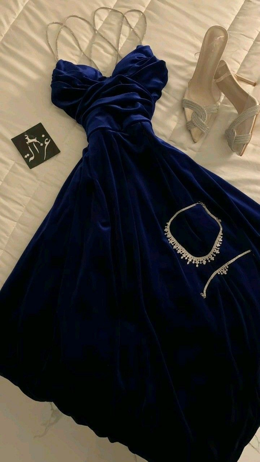 Elegant A Line Royal Blue Velvet Prom Dress Spaghetti Straps Party Evening Gown cc1871