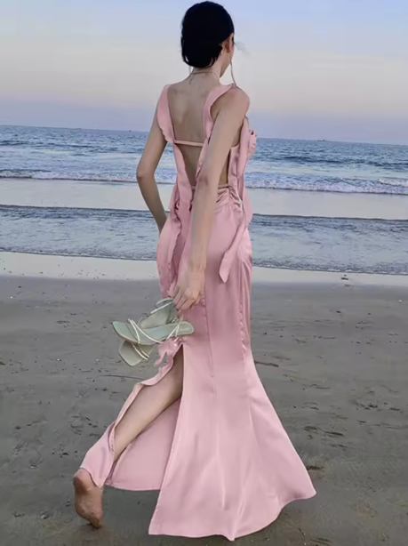 Sweet Pink Mermaid Evening Dress Satin Long Slit Prom Dress cc2105