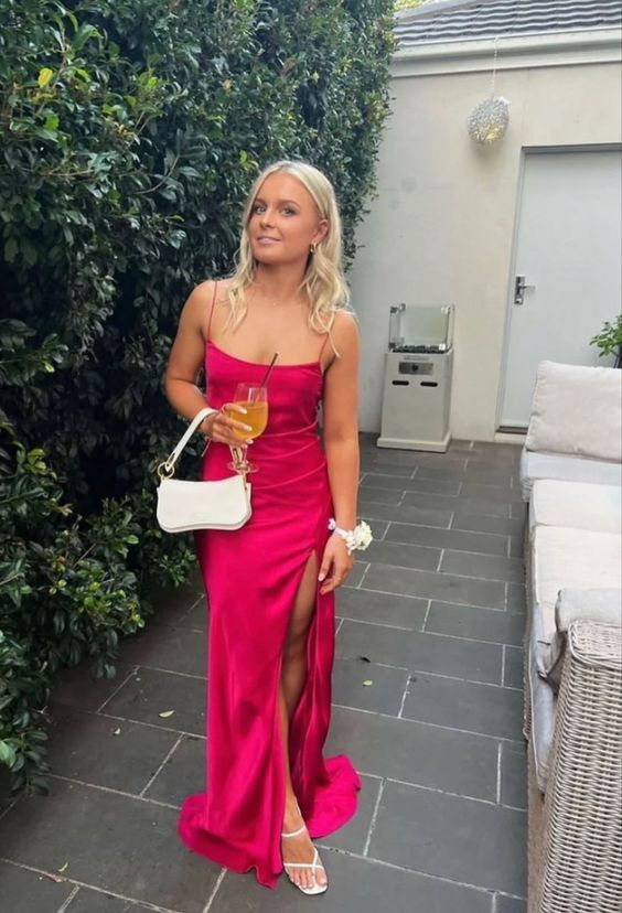 Sexy Straps Hot Pink Mermaid Slit Prom Dress Long Party Dress cc1841