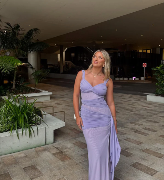 Lavender Sweetheart Ruched Long Prom Dress Sheath Slit Evening Dress cc2540