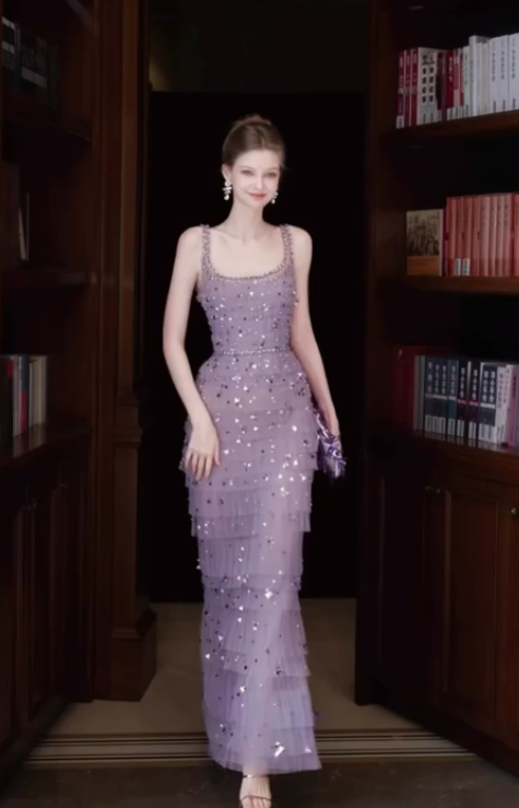 Gorgeous Lilac Sequins Evening Dress,Long Tulle Layered Prom Gown cc3010