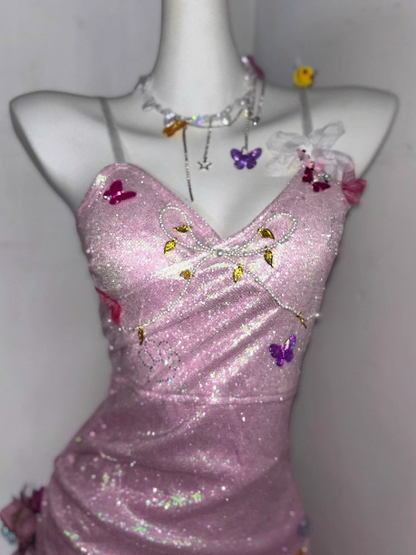 Cute Pink Satin Butterfly Ruffles Short Birthday Dress Graduation Homecoming Dress cc3212