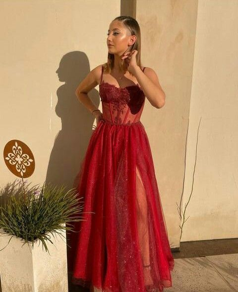 A-line Sweetheart Spaghetti Straps Tulle Glitter Prom Dress With Applique cc525