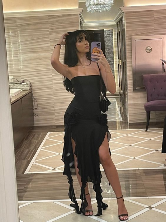 Sexy Black Strapless Black Slit Prom Dress Ruffles Party Dress With Floral cc1856