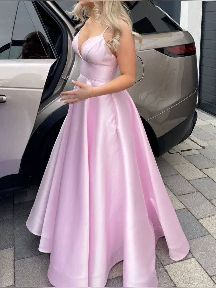 Pink V Neck A Line Party Dress Satin Long Prom Dress cc2275