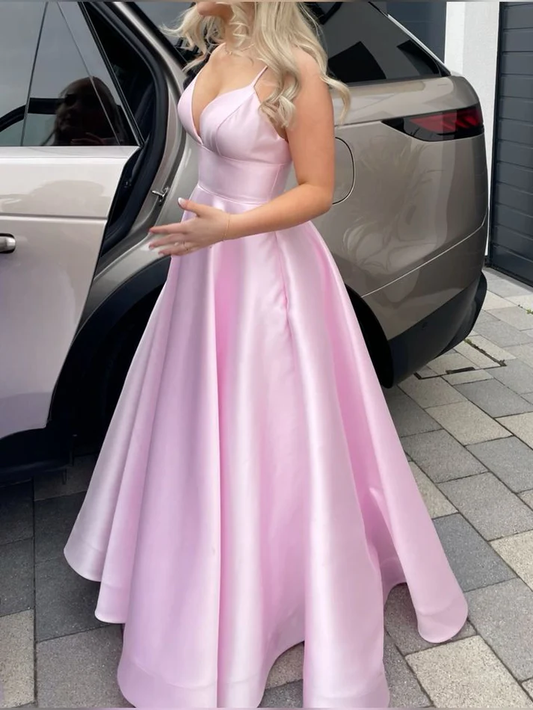 Pink V Neck A Line Party Dress Satin Long Prom Dress cc2275