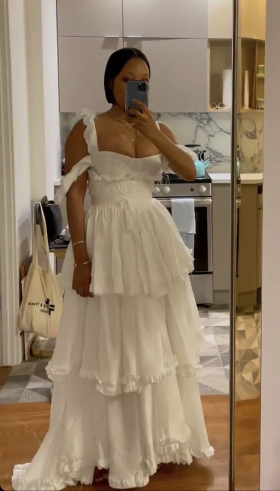 Elegant White Straps Ruffles Floor Length Prom Dress A Line Layered Party Evening Dress cc2405