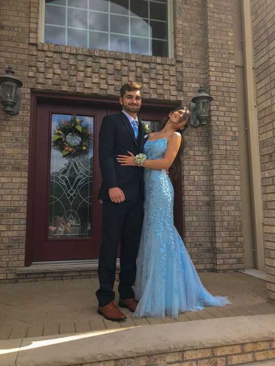 Sky Blue Spaghetti Straps Open Back Long Prom Dress cc1236