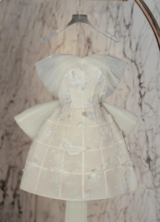 Elegant Off The Shoulder Tulle Appliques Birthday Outfits White Homecoming Dress With Bow cc3162