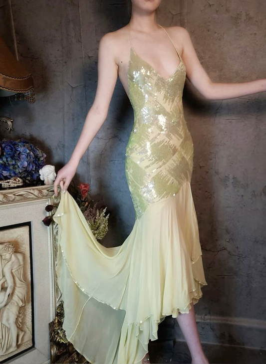 Charming Halter Yellow Chiffon Sequins Mermaid Party Evening Dress cc3012