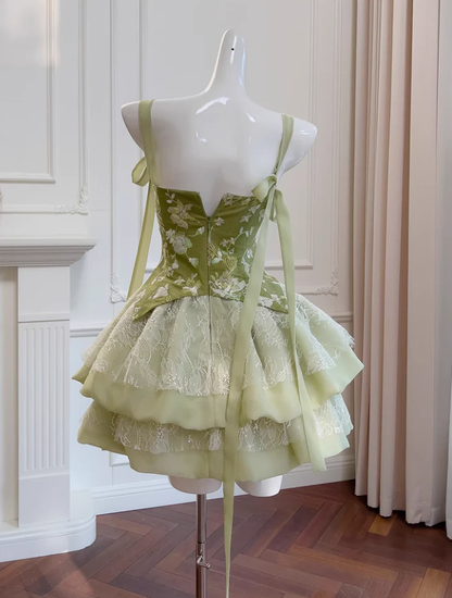 Pretty Green Satin Lace Short homecoming Dress Birthday Outfits cc3121