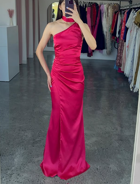 Gorgeous Hot Pink One Shoulder Satin Long Prom Dress,Mermaid Party Evening Dress cc2862