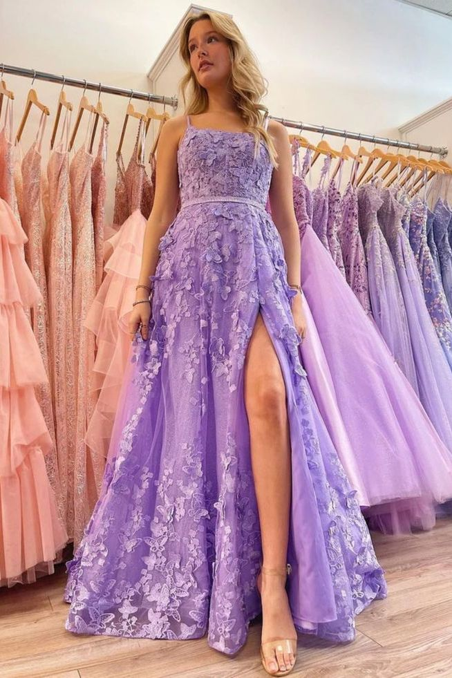 Spaghetti Straps Tulle Lace Appliques Evening Dress Lavender A Line Prom Party Dress  cc2451