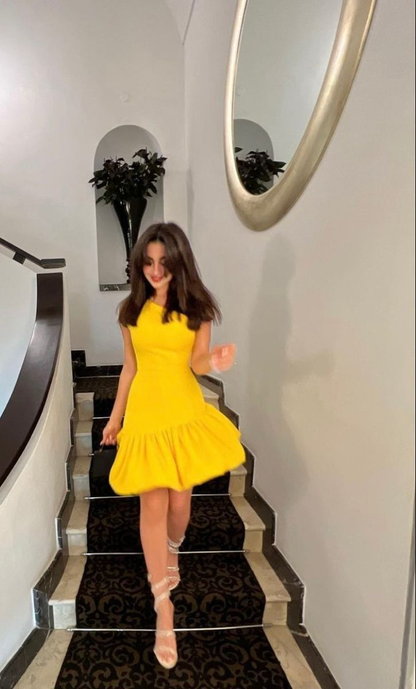 Cute Yellow One shoulder Satin Homecoming Dress Short Prom Dress cc2634