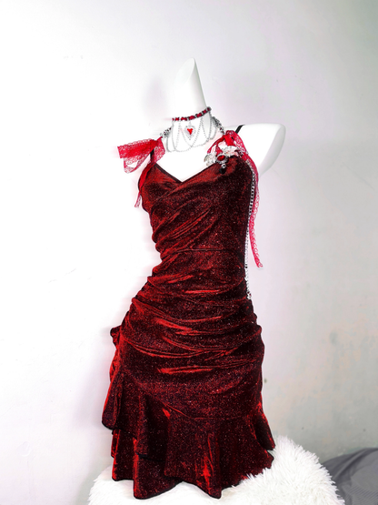 Glitter Spaghetti Straps Burgundy Ruffle Short Birthday Outfits Cocktail Dress Formal Homecoming Dress cc3226
