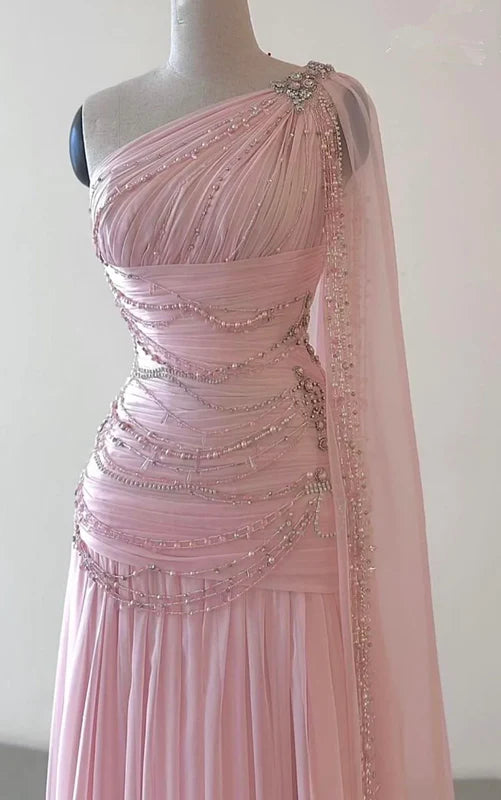 Vintage One Shoulder Pink Beaded  A Line Chiffon Evening Dress Elegant Prom Dress cc1659