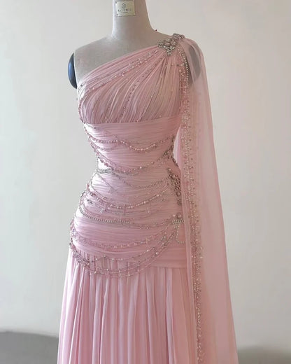 Vintage One Shoulder Pink Beaded  A Line Chiffon Evening Dress Elegant Prom Dress cc1659