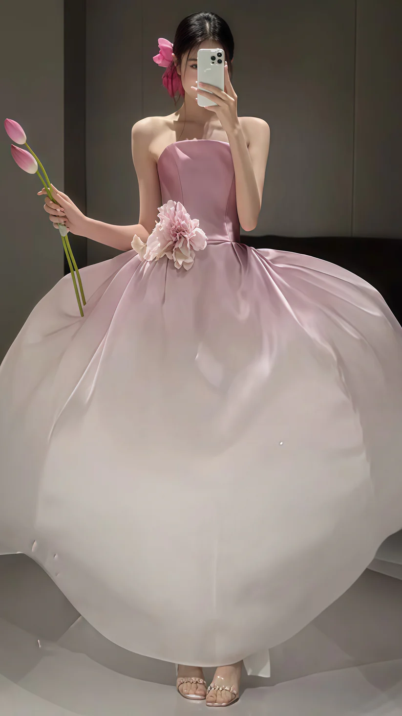 Fairy Ombre Pink Strapless Party Evening Dress,Formal Prom Dress With Flowers cc2238