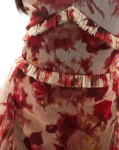 Unique Tulle Chiffon Rose Floral Print Ruffles Party Evening Dress A Line Prom Dress cc1432