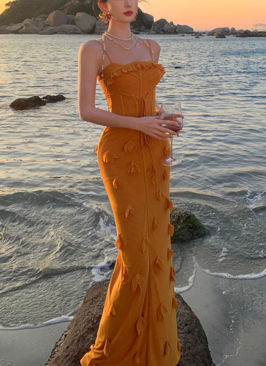 Unique Orange Mermaid Evening Gown Spaghetti Strap 3D Flower Long Prom Dress cc2434