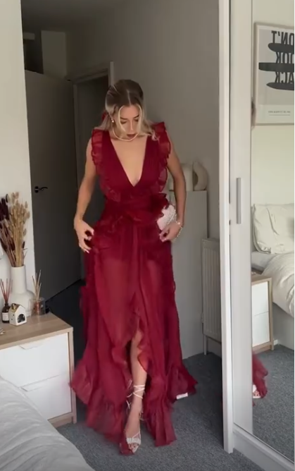 Sexy Burgundy Deep V Neck Chiffon Ruffles Slit Party Dress Long Prom Evening Dress cc1858