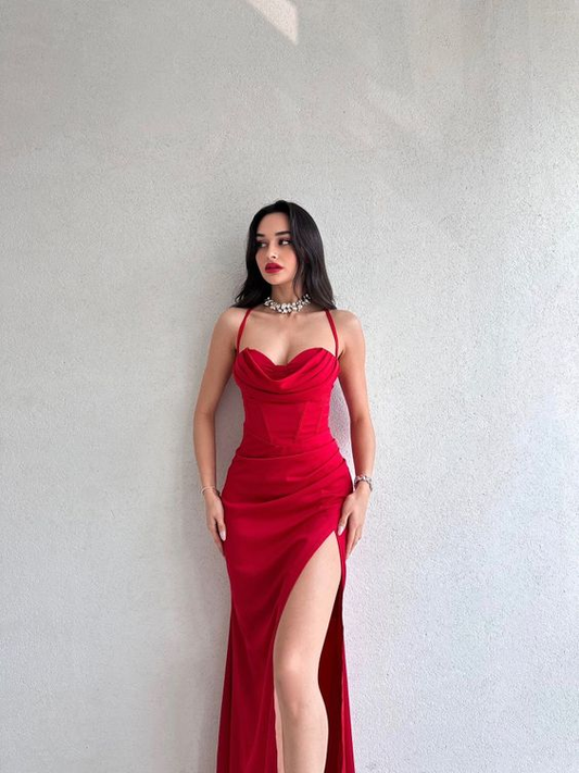 Sheath/Column Sweetheart Ruched Satin Long Prom Evening Dress cc1063