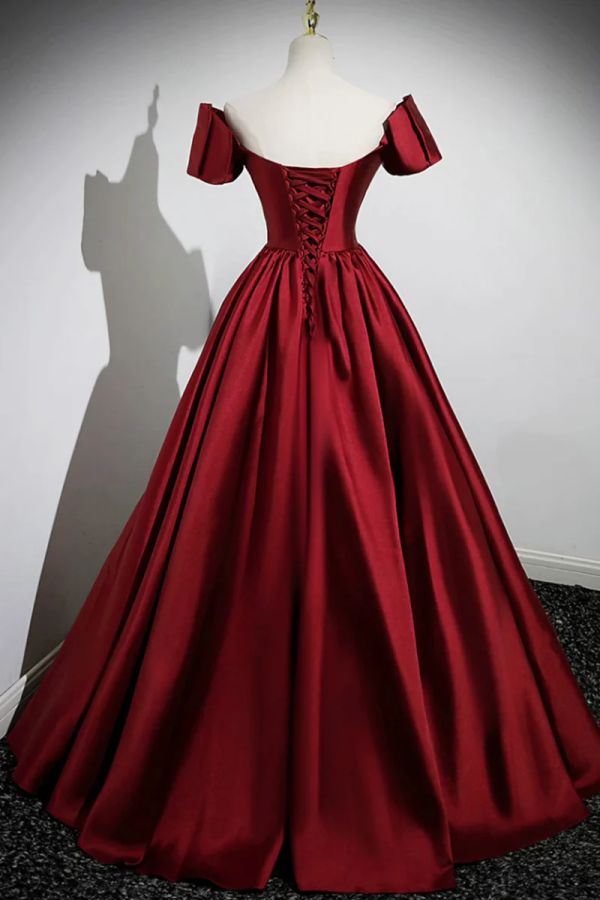 A Line Burgundy Satin Floor Length Prom Dress, Off the Shoulder New Party Dress cc1349