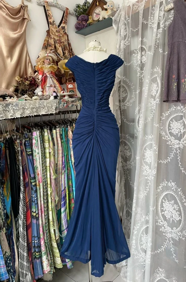 Vintage Navy Blue Chiffon Pleated Mermaid Prom Evening Dress,V Neck Party Gown cc2534
