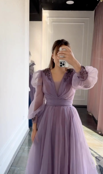 Purple A-line Tulle Beaded Evening Dress With Puff Sleeves cc692