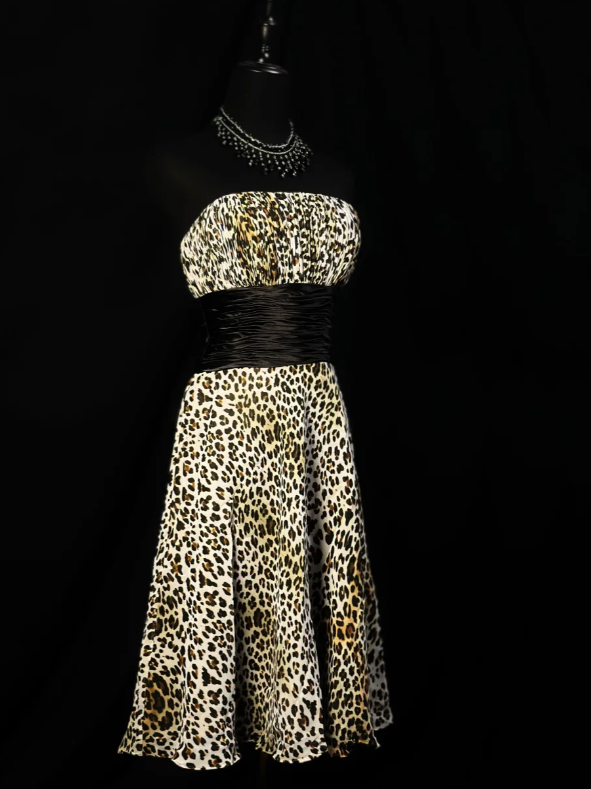 Vintage Leopard Chiffon Strapless A Line Cocktail Dress Homecoming Dress cc3120