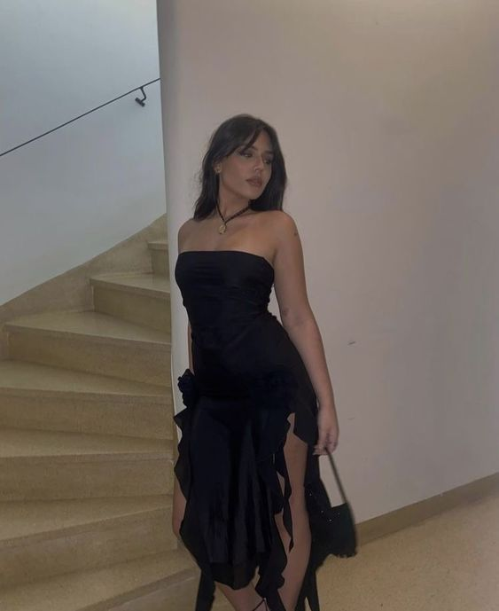 Sexy Black Strapless Black Slit Prom Dress Ruffles Party Dress With Floral cc1856