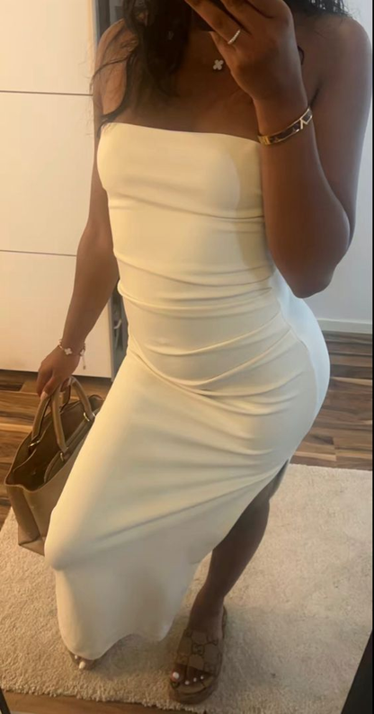 Classy White Strapless Sheath Prom Dress With Split cc1193